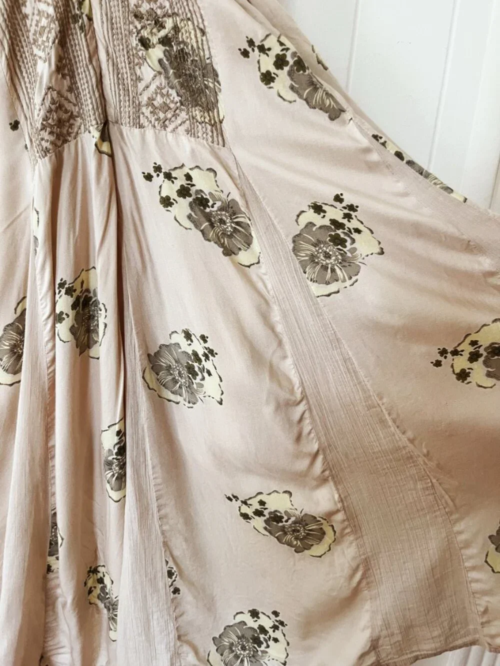 Free People Fauna Midi Dress- Cream Green Floral Hi-Low Halter